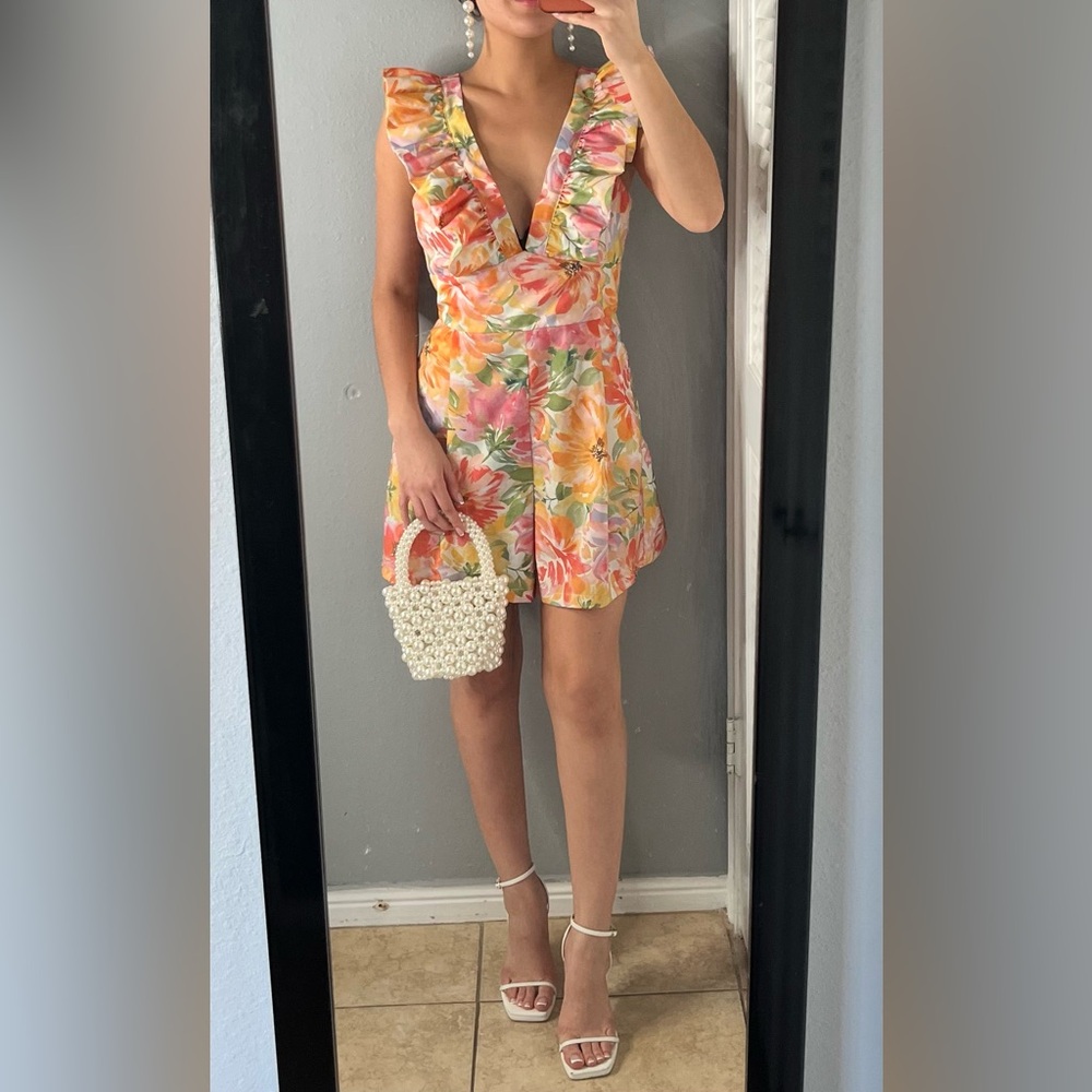 Showpo floral printed ruffle plunge romper 8  feminine coquette brunch vacation